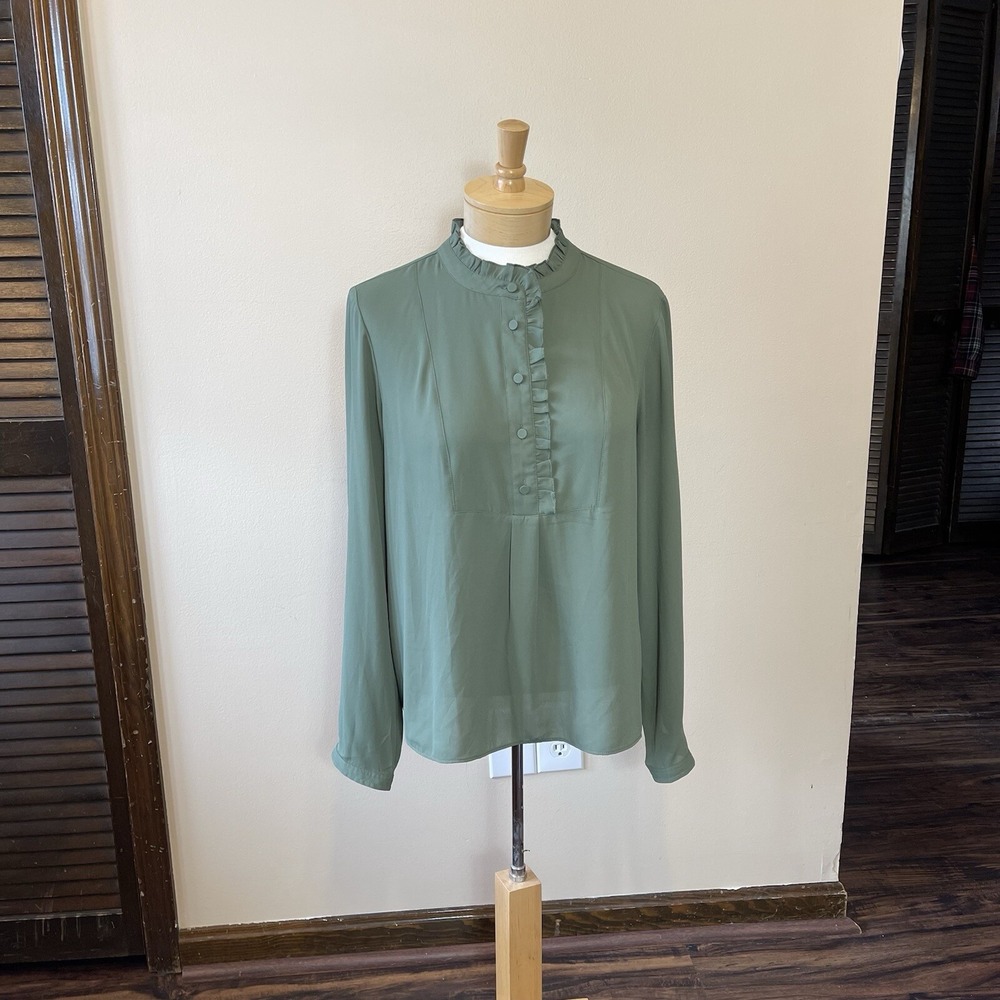 J.Crew Women Sage Green Ruffle Neck Long Sleeve Button Blouse BA742 Size 8